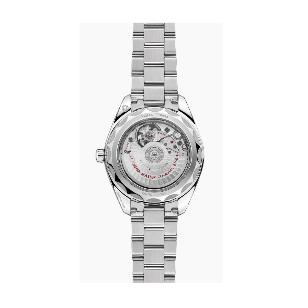 Die OMEGA Seamaster Aqua Terra 150M ist eine Armbanduhr aus Edelstahl mit einem transparenten Gehäuseboden, der den Blick auf das komplizierte mechanische Uhrwerk und die inneren Zahnräder freigibt. Das Armband ist aus polierten Metallgliedern gefertigt.
