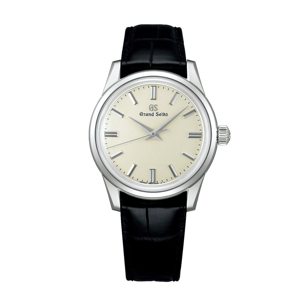 Die Grand Seiko Elegance verfügt über ein cremefarbenes Zifferblatt, silberne Indexe und Zeiger, ein Edelstahlgehäuse und ein schwarzes Lederarmband - ein schlichtes, elegantes Design.