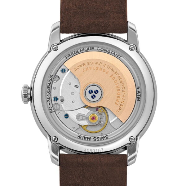 Die Armbanduhr Frederique Constant Classics Premiere verfügt über einen transparenten Gehäuseboden, auf dem das mechanische Uhrwerk zu sehen ist, einen mit Markendetails gravierten Rotor und ein braunes Lederarmband.