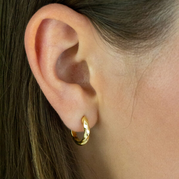 Eine Nahaufnahme zeigt eine Person mit glattem braunem Haar und heller Haut, die den Solid Flair Ohrring Moment trägt, einen kleinen, goldglänzenden Creolenring.