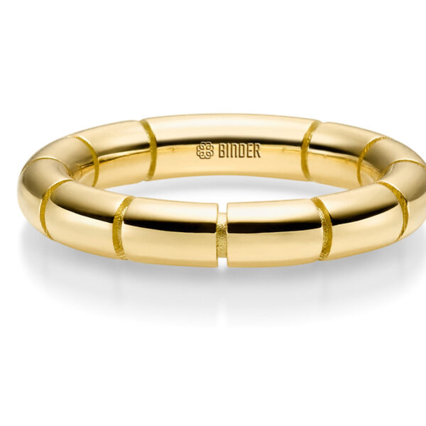 Der Binder Classic Round Ring Weite 55 besteht aus glatten, segmentierten Goldgliedern in einem runden Design. Das innere Band zeigt das "BINDER" Logo und das geometrische Emblem. Fotografiert vor einem weißen Hintergrund.