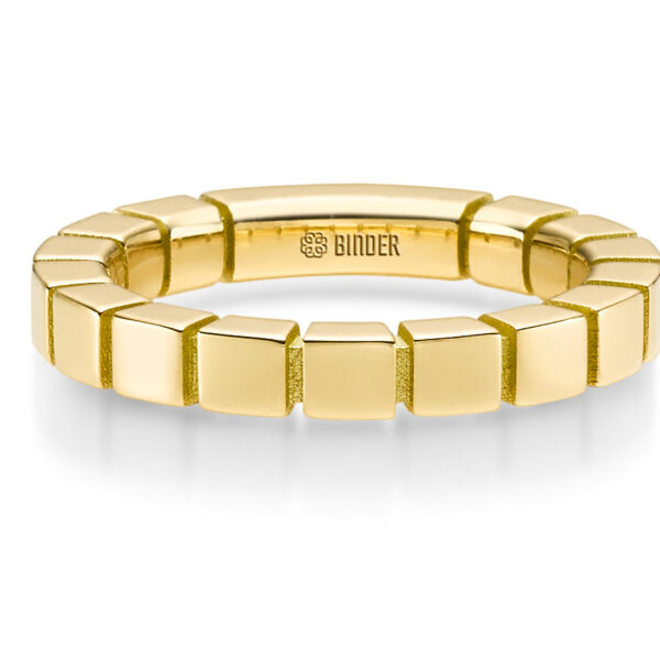 Der Binder Classic Square Ring Weite 55 zeichnet sich durch ein segmentiertes, geometrisches Design mit rechteckigen Gliedern und dem eingravierten Schriftzug "BINDER" auf dem Innenring aus, der auf einer weißen, reflektierenden Oberfläche erscheint.
