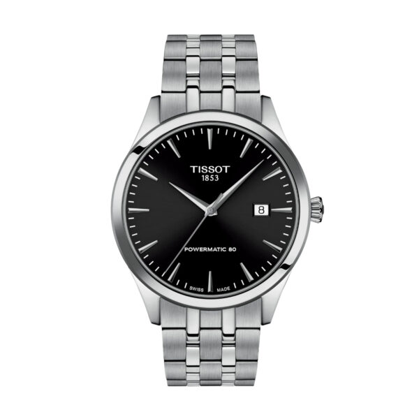 Die Tissot Classic Dream 40mm hat ein silbernes Edelstahlarmband, ein schwarzes Zifferblatt mit silbernen Indexen und Zeigern, ein Datumsfenster bei 3 Uhr und die Anzeigen "Tissot 1853" und "Powermatic 80" auf dem Zifferblatt.