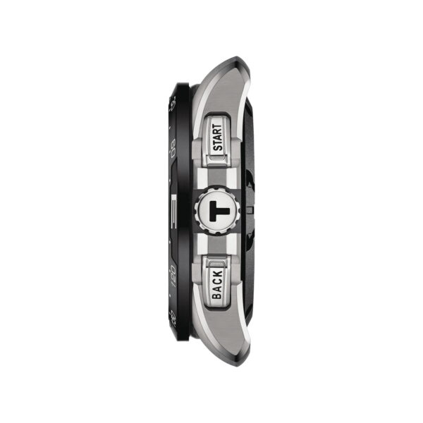 Seitenansicht der Tissot T-Touch Connect Solar Armbanduhr mit rundem Gehäuse, mit "START" und "BACK" beschrifteten Tasten, einer zentralen Krone mit "T"-Logo und einem schlanken Design mit metallischen und schwarzen Akzenten.