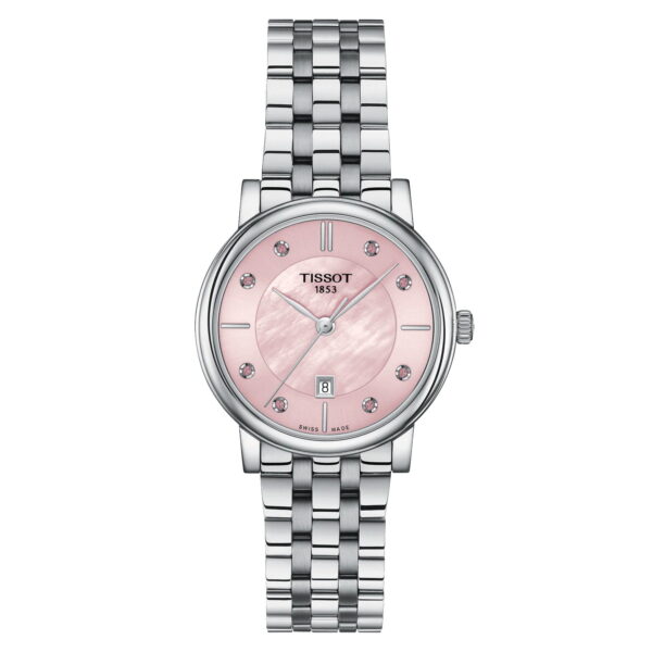 Die Tissot Carson Lady ist eine silberne Armbanduhr mit einem rosafarbenen Perlmuttzifferblatt, silbernen Indexen, rosafarbenen Schmucksteinen auf ausgewählten Indizes, einer Datumsanzeige bei 6 Uhr und einem Gliederarmband aus Edelstahl.