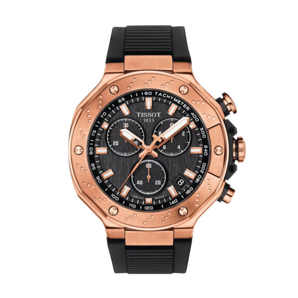 Der Tissot T-Race Chronograph verfügt über ein schwarzes Armband, ein Gehäuse aus Roségold und ein schwarzes Zifferblatt mit drei Hilfszifferblättern, weißen Markierungen und einer Tachymeterlünette.