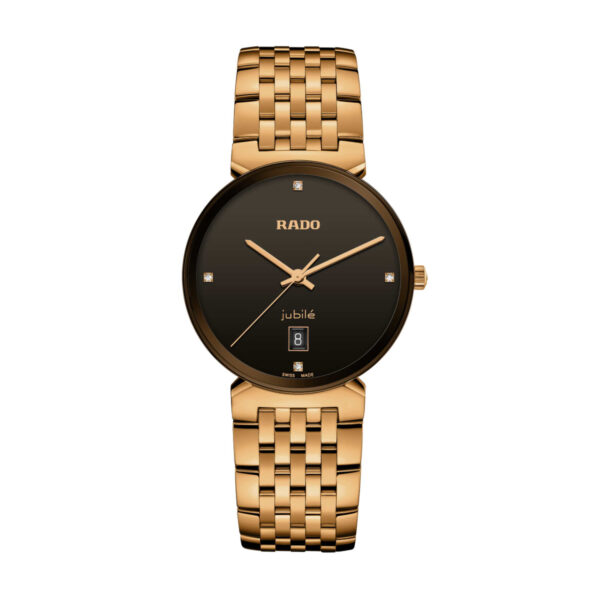 Die Rado Florence Classic Diamonds hat ein goldenes Gehäuse, ein schwarzes Zifferblatt mit goldenen Zeigern, ein Datumsfenster bei 6 Uhr, vier Diamantmarker bei 3, 6, 9 und 12 Uhr und ein passendes goldenes Metallgliederarmband.