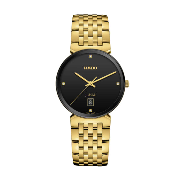 Rado Florence Classic Diamanten: Eine goldene Armbanduhr mit schwarzem, rundem Zifferblatt, goldenen Zeigern, Diamantmarkierungen bei 12, 3, 6 und 9 Uhr, Datumsfenster über 6 Uhr und einem polierten, goldfarbenen Armband.
