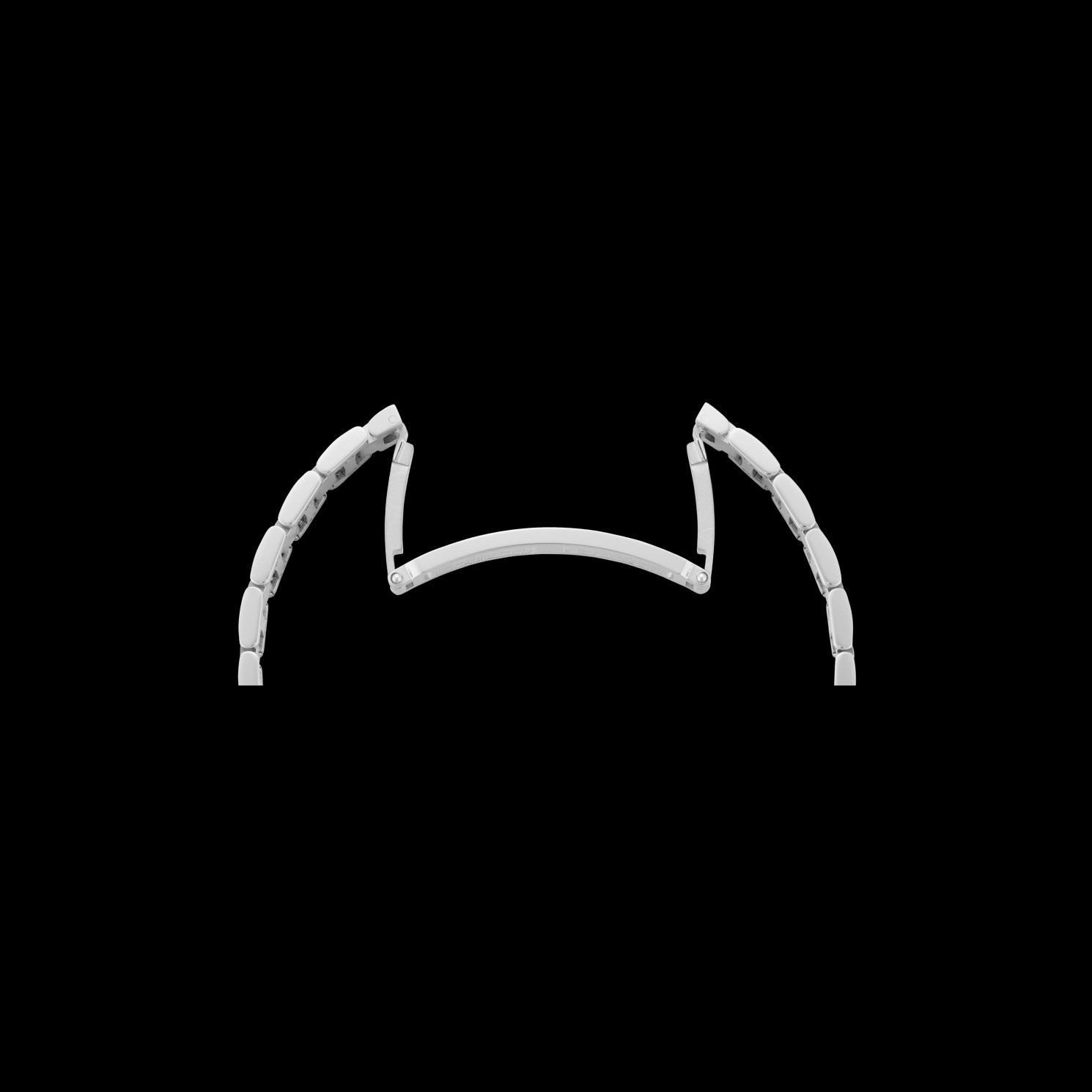 Ein minimalistischer weißer Umriss eines Katzenkopfes und -ohren, gebildet aus segmentierten Formen, erscheint auf einem soliden schwarzen Hintergrund für die Chopard Imperiale.
