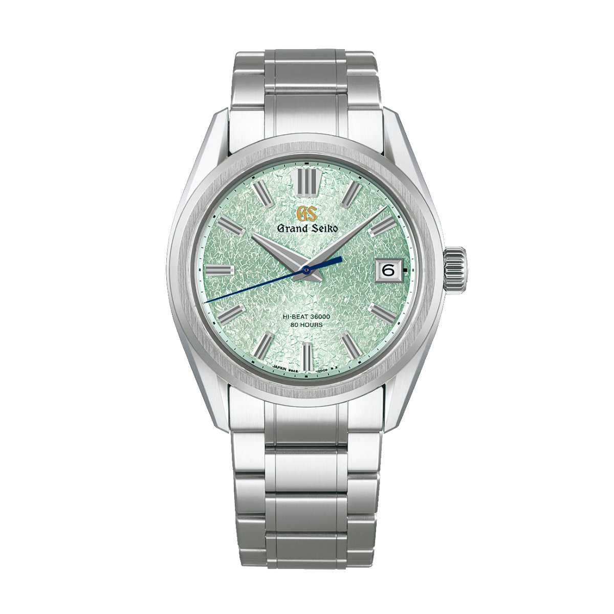 Die Grand Seiko Evolution 9 "Genbi Valley" ist eine silberne Armbanduhr mit einem strukturierten mintgrünen Zifferblatt, silbernen Indexen und Zeigern, einem Datumsfenster bei 3 Uhr und einem Edelstahlarmband.