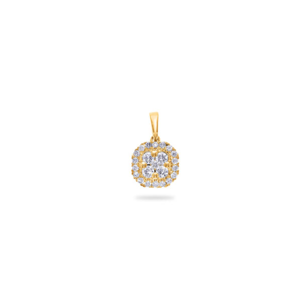 Goldanhänger in quadratischem Design mit zwei Reihen kleiner runder weißer Diamanten, die um eine Gruppe zentraler Diamanten auf weißem Hintergrund angeordnet sind.