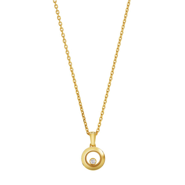 Das Chopard Happy Diamonds Collier ist eine Goldkette mit einem runden, polierten Goldanhänger, der ein offenes Kreisdesign und einen kleinen, zentrierten Diamanten als Akzent aufweist.