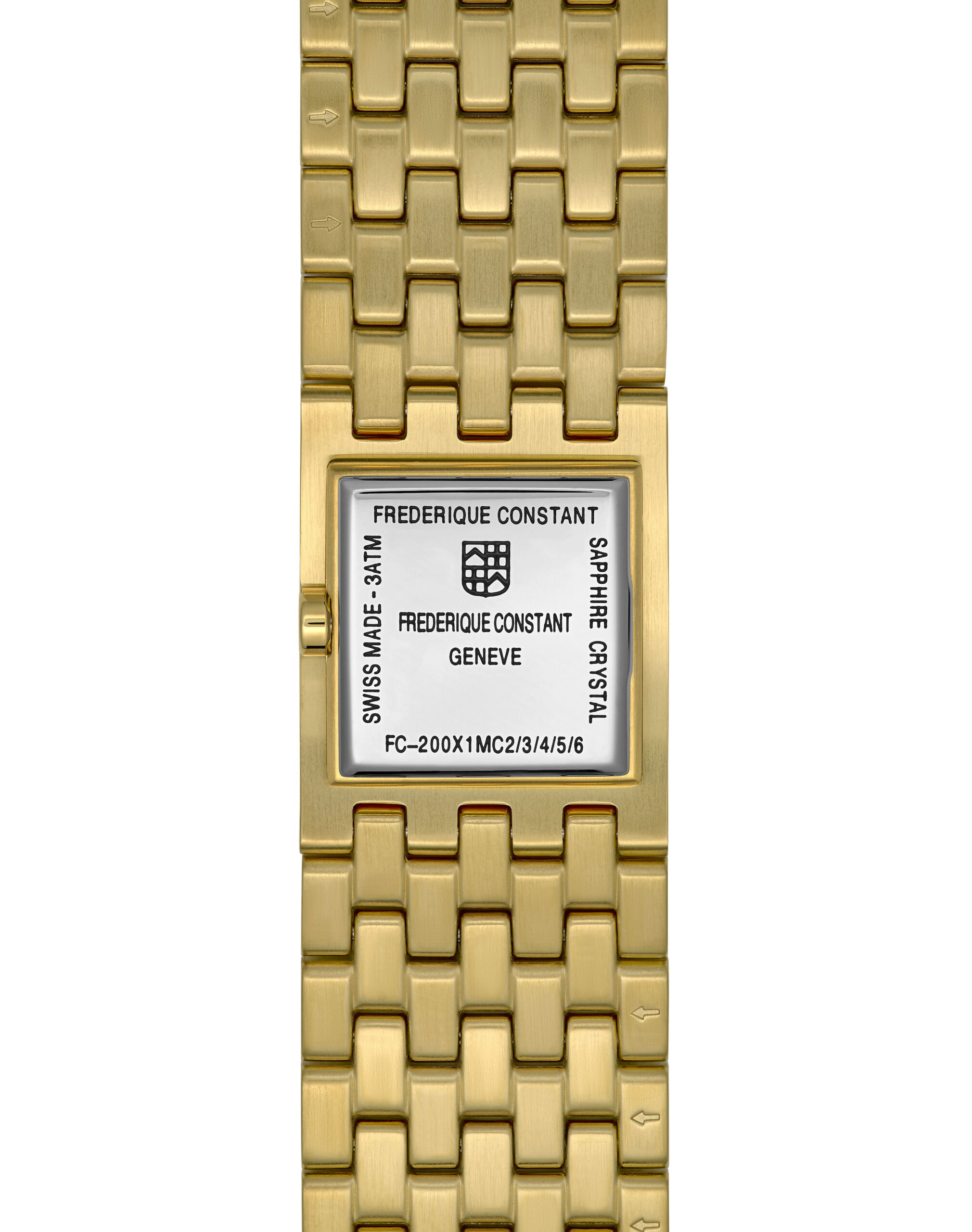 Die Rückseite einer rechteckigen goldenen Frederique Constant Classics Manchette Uhr weist ein graviertes Gehäuse mit dem Markennamen, dem Logo, den Seriennummern, "Swiss Made", "Saphirglas" und "3 ATM" auf und hat ein passendes goldenes Gliederarmband.