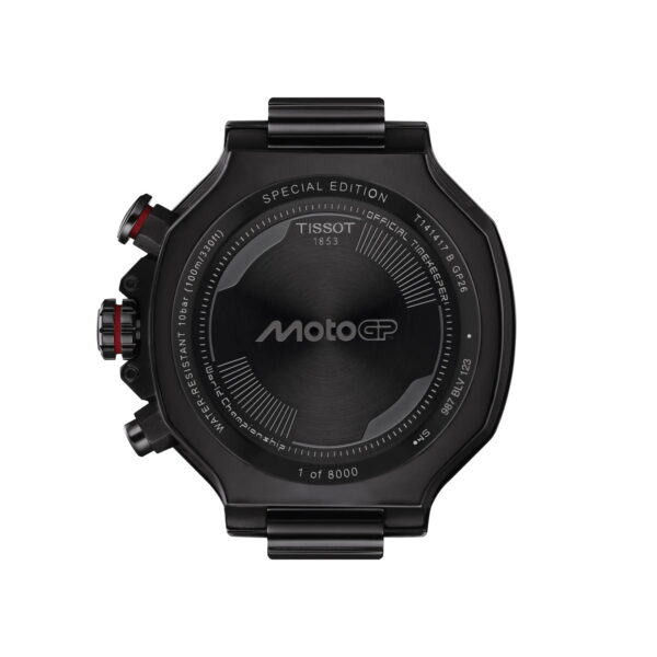 Rückansicht der Tissot T-Race MotoGP 2026 45MM Limited Edition Armbanduhr in Schwarz mit MotoGP-Logo, "Special Edition"-Text, "1 von 8000", Metallband und sichtbaren Knöpfen.