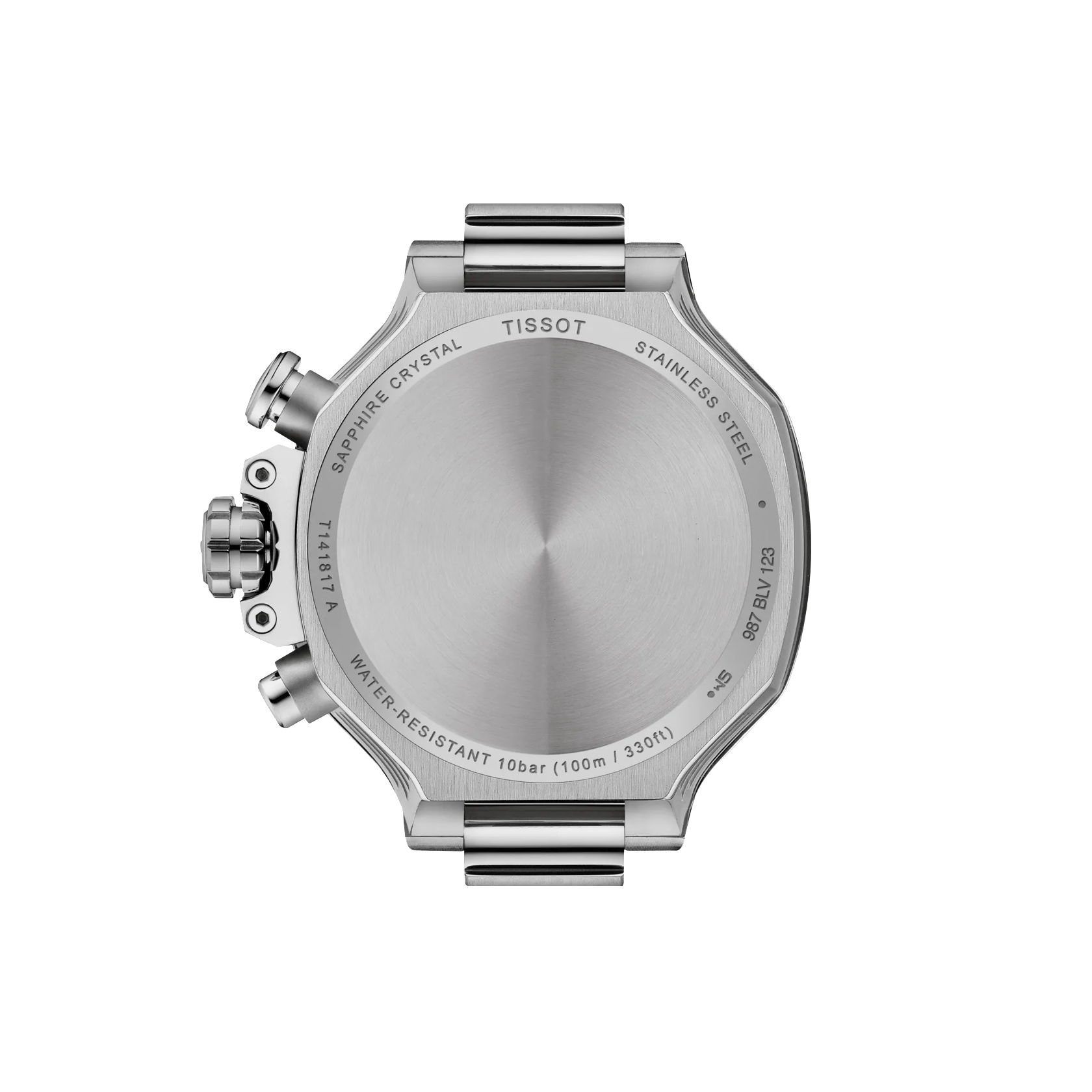Rückansicht der Tissot T-Race 38 MM aus Edelstahl, mit gebürstetem Gehäuseboden mit eingravierten Markierungen, drei seitlichen Drückern und einem Teil des Metallarmbands.