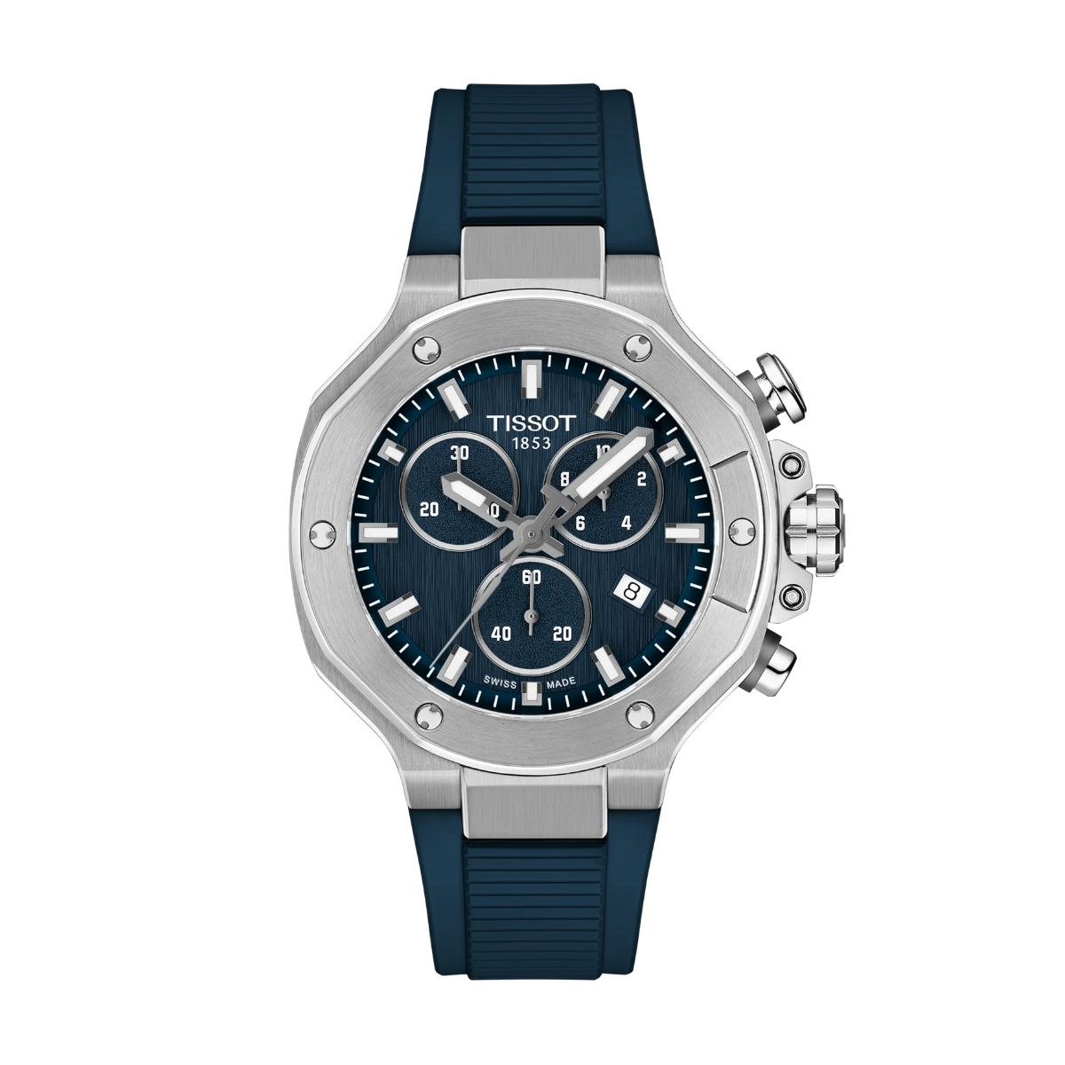 Die Tissot T-Race 38 MM verfügt über ein blaues Kautschukarmband, ein silbernes Edelstahlgehäuse, ein blaues strukturiertes Zifferblatt mit drei Unterzifferblättern, ein Datumsfenster und drei seitliche Drücker für Chronographenfunktionen.