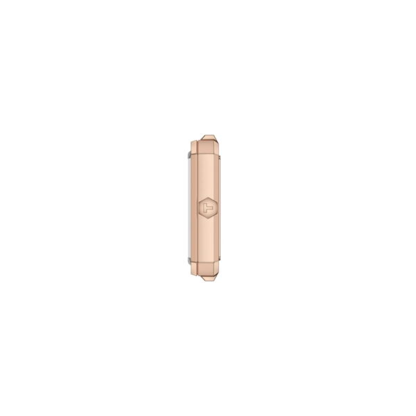 Die Tissot SRV 30MM ist in einer schlanken Seitenansicht vor weißem Hintergrund abgebildet und verfügt über eine roségoldene Oberfläche, in deren Mitte ein Knopf und ein kleines Symbol zu sehen sind.