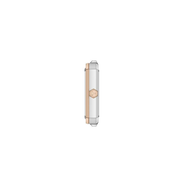 Eine Seitenansicht der Tissot SRV 30MM-Armbanduhr mit roségoldener Krone und Randakzenten ist vor einem schlichten weißen Hintergrund zu sehen. Das Zifferblatt und das Armband sind aus diesem Blickwinkel nicht sichtbar.