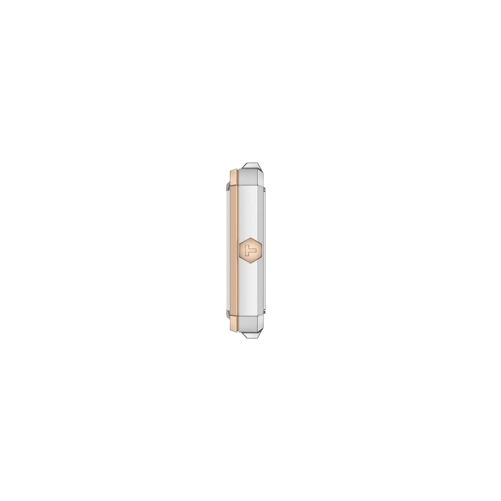 Eine Seitenansicht der Tissot SRV 30MM-Armbanduhr mit roségoldener Krone und Randakzenten ist vor einem schlichten weißen Hintergrund zu sehen. Das Zifferblatt und das Armband sind aus diesem Blickwinkel nicht sichtbar.