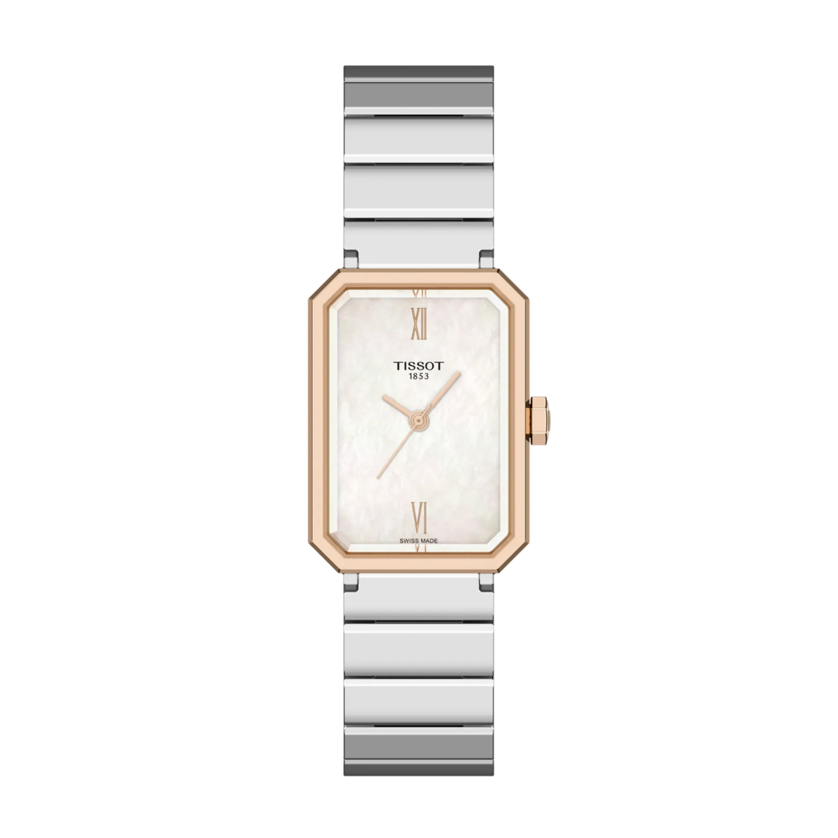 Die Tissot SRV 30MM Armbanduhr hat ein rechteckiges Zifferblatt, eine roségoldene Lünette, silberne und roségoldene Indexe und ein silbernes Metallgliederarmband, das auf einem weißen Hintergrund abgebildet ist.
