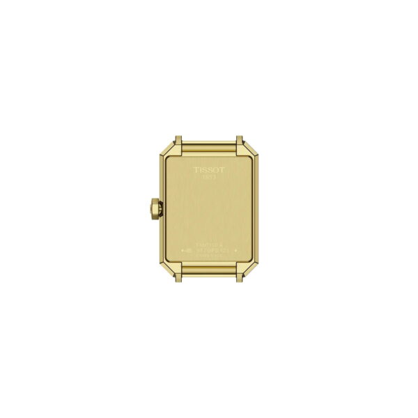 Rückansicht eines rechteckigen Tissot SRV 30MM Golduhrgehäuses mit einer Krone auf der linken Seite, gebürstetem Metallfinish und eingravierten Marken- und Modelldetails. Das Bild ist auf einem schlichten weißen Hintergrund zentriert.