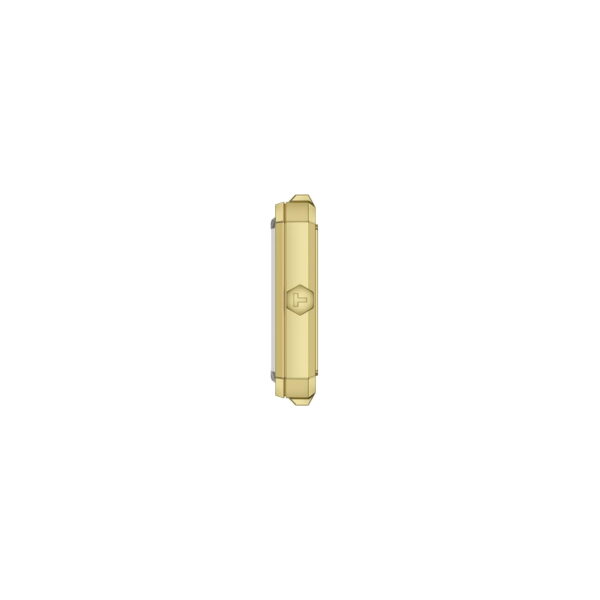Die Tissot SRV 30MM, eine schlanke, rechteckige Golduhr mit abgeschrägten Kanten, ist im Profil vor einem weißen Hintergrund abgebildet. In der Mitte ist eine sechseckige Form mit einem nach rechts zeigenden Pfeil eingeprägt.