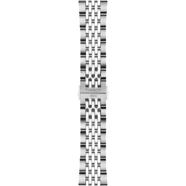 Die Tissot Visodate 39MM verfügt über ein silbernes Edelstahlarmband mit einem polierten Multilink-Design. Die zentrale Schließe ist mit der Gravur "TISSOT 1853" versehen, die den klassischen Stil der Armbanduhr unterstreicht.