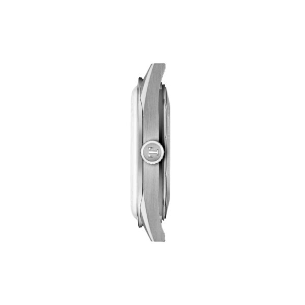 Seitenansicht der Tissot Visodate 39MM Armbanduhr mit gebürstetem Metallgehäuse und einer runden Krone mit eingraviertem "H"-Logo auf weißem Hintergrund.