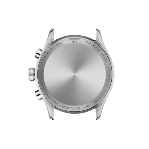 Auf der Rückseite des 42 mm großen Edelstahlgehäuses der Tissot Chrono L sind "Saphirglas", "Edelstahl", "Water Resistant 10 bar (100m/330ft)" und das Tissot 1853 Logo eingraviert.