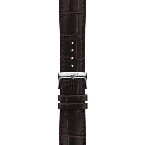 Tissot Chrono L 42MM dunkelbraunes Lederarmband mit Krokodilmuster, silberner "TISSOT"-Gravur und mehreren Verstelllöchern, vertikal auf weißem Hintergrund.