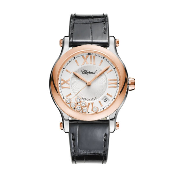 Die Chopard Happy Sport ist eine luxuriöse Armbanduhr mit schwarzem Lederarmband, roségoldener Lünette, silbernem Zifferblatt mit römischen Ziffern, fünf schwebenden Diamanten, einer kleinen Datumsanzeige und dem Markennamen Chopard auf dem Zifferblatt.