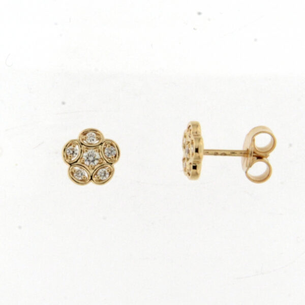 Ein Paar goldene Ohrstecker in Form einer Blume, jedes Blütenblatt mit einem klaren runden Edelstein besetzt, vor weißem Hintergrund; ein Ohrring zeigt die Vorderseite, der andere die Seite mit dem Stift und der Schmetterlingsrückseite.