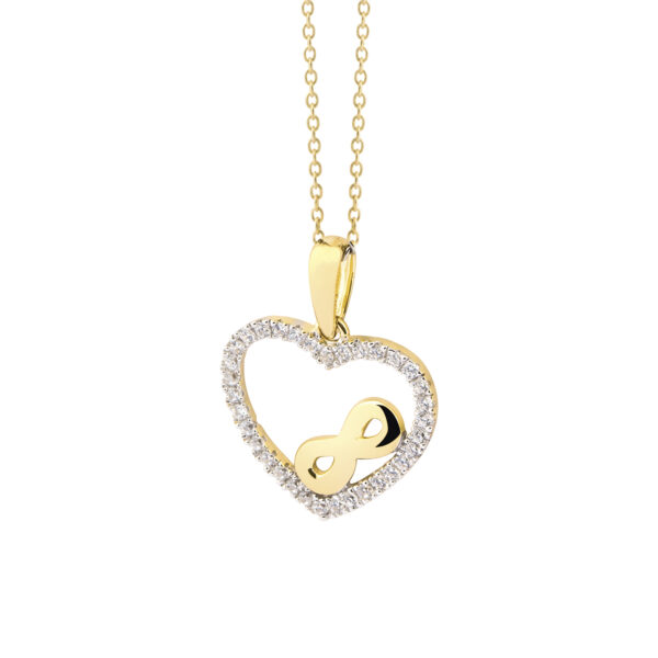 Die Echtgold Halskette Eternal Love ist eine goldene Halskette mit einem herzförmigen Anhänger, der mit kleinen Diamanten besetzt ist, und einem goldenen Unendlichkeitssymbol im Inneren des Herzens.