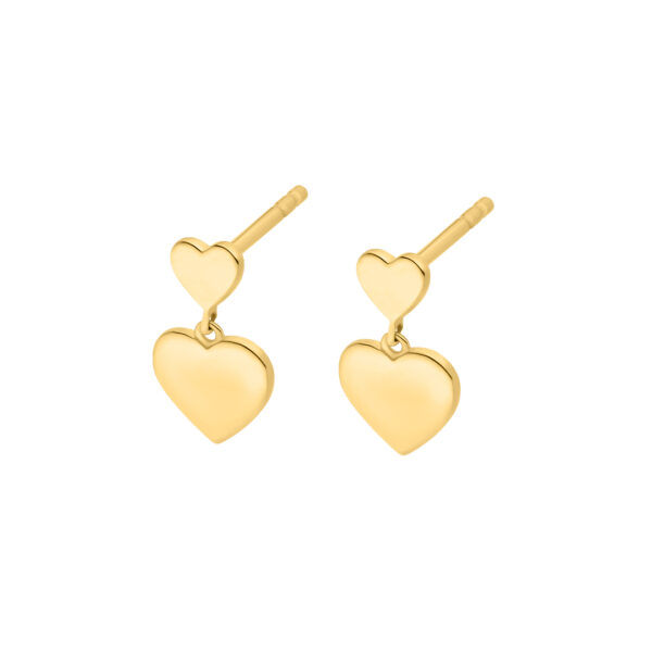 Die Echtgold Ohrstecker Loulou sind goldene Ohrstecker mit einem kleinen Herz an der Stange und einem größeren baumelnden Herz, abgebildet auf weißem Hintergrund.