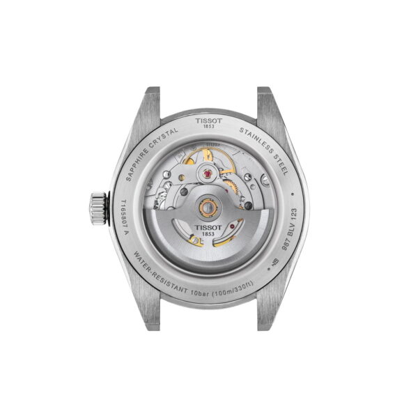 Rückansicht der Tissot Gentleman 38MM mit Edelstahlgehäuse und sichtbarem Automatikwerk durch einen transparenten Gehäuseboden mit eingravierter Wasserdichtigkeit, Modellangaben und Informationen aus Saphirglas.