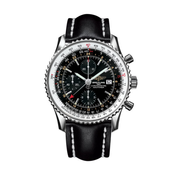 Die Breitling Navitimer B24 World GMT verfügt über ein schwarzes Zifferblatt mit drei Hilfszifferblättern, weiße Markierungen, ein Datumsfenster, eine Edelstahllünette mit detaillierten Markierungen, zwei Drücker und eine Krone sowie ein schwarzes Lederarmband mit weißen Nähten.