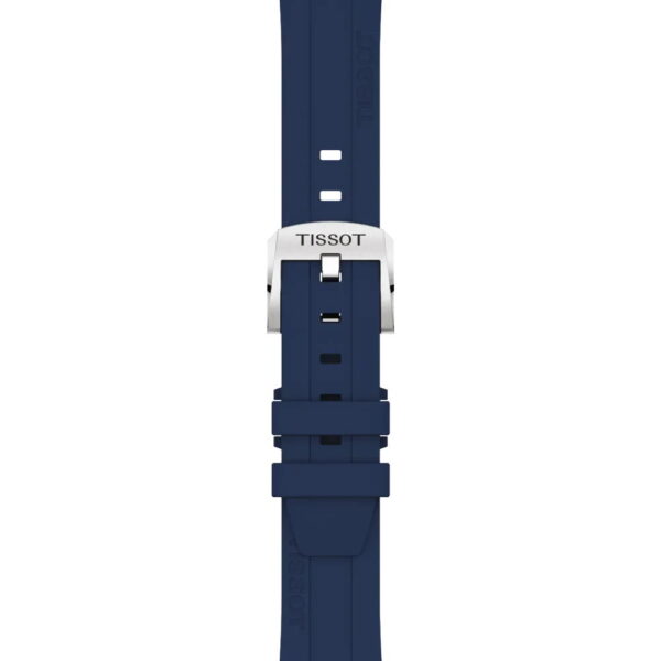 Blaues Kautschukarmband für die Tissot Seastar 1000 38MM, mit silberner Tissot-Dornschließe, auf der Vorderseite auf weißem Hintergrund.