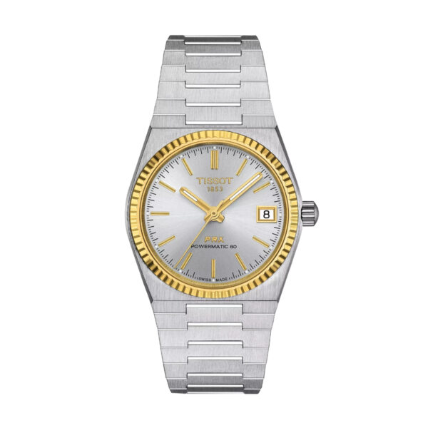 Die Tissot PRX Goldlünette 35MM ist eine silberne Uhr mit Edelstahlband, goldener Lünette und weißem Zifferblatt mit goldenen Indexen, einem Datum bei 3 Uhr und "TISSOT 1853" sowie "POWERMATIC 80" auf dem Zifferblatt.