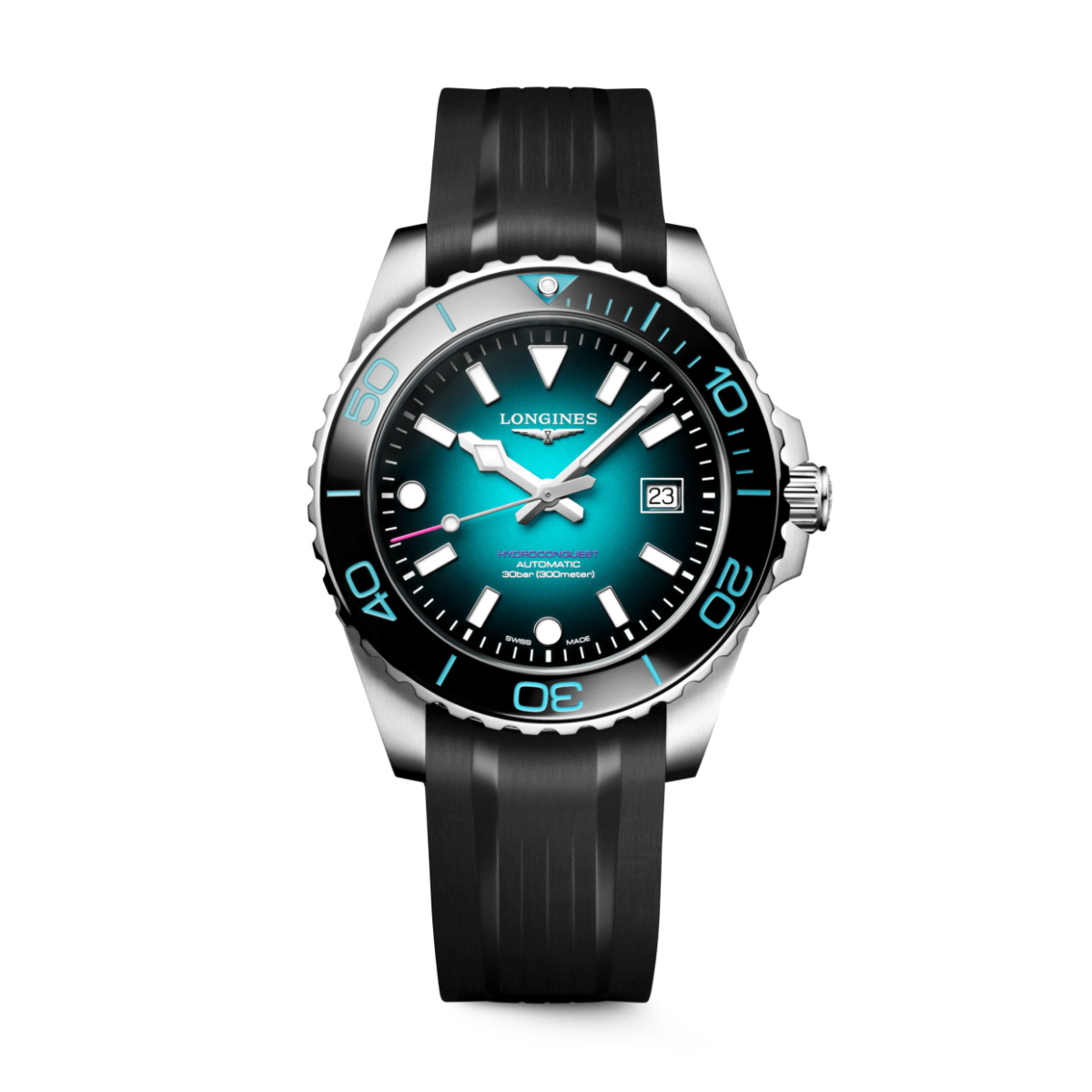 Die Longines HydroConquest Commonwealth Games 2026 besteht aus Edelstahl, einem schwarzen Kautschukarmband, einer Lünette in Schwarz und Petrol, einem Zifferblatt mit Farbverlauf von Schwarz zu Petrol, Zeigern und Indexen mit Leuchtmasse und einem Datumsfenster bei 3 Uhr.