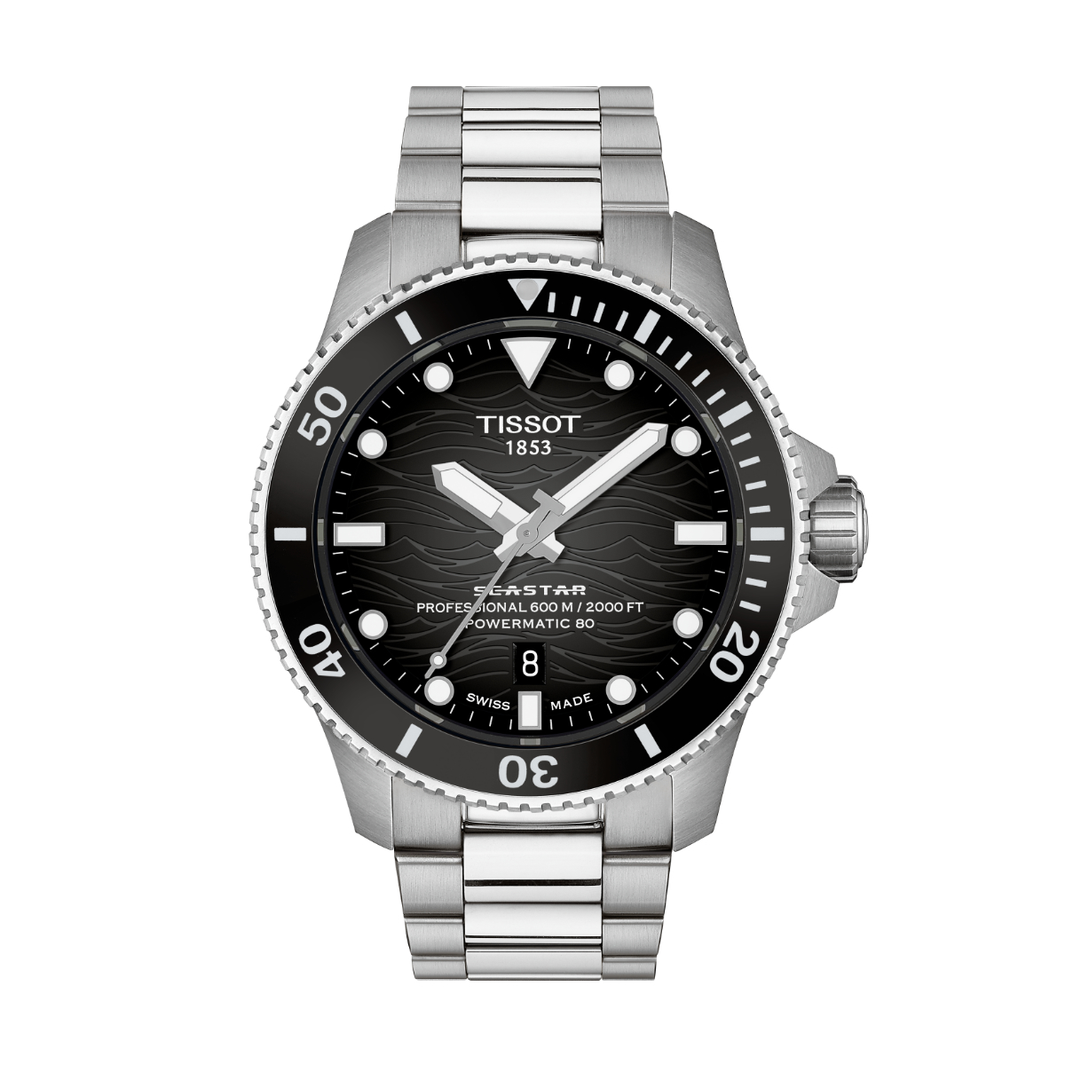 Die Tissot Seastar 2000 44 mm verfügt über ein Edelstahlgehäuse, ein schwarzes Zifferblatt mit Wellenmuster, eine drehbare Lünette, eine Datumsanzeige bei 6 Uhr sowie leuchtende Zeiger und Indizes.