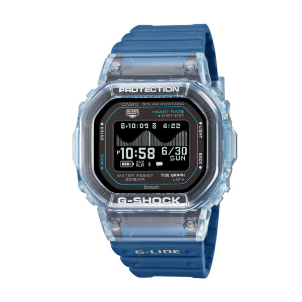 Die Casio G-Shock Pro G-Lide verfügt über ein blaues Band, eine transparente Lünette und eine digitale Anzeige von Uhrzeit, Datum, Herzfrequenz, Gezeitengrafik und mehr. Sie ist solarbetrieben und wasserdicht.