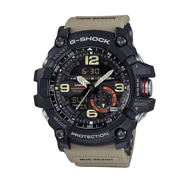 Die G-Shock Pro GG-1000-1A5ER ist eine robuste schwarze Uhr mit einem hellbraunen Armband, einer großen digitalen und analogen Anzeige, beschrifteten Tasten sowie den Funktionen „Mud Resist“ und „Twin Sensor“ auf dem Gehäuse.