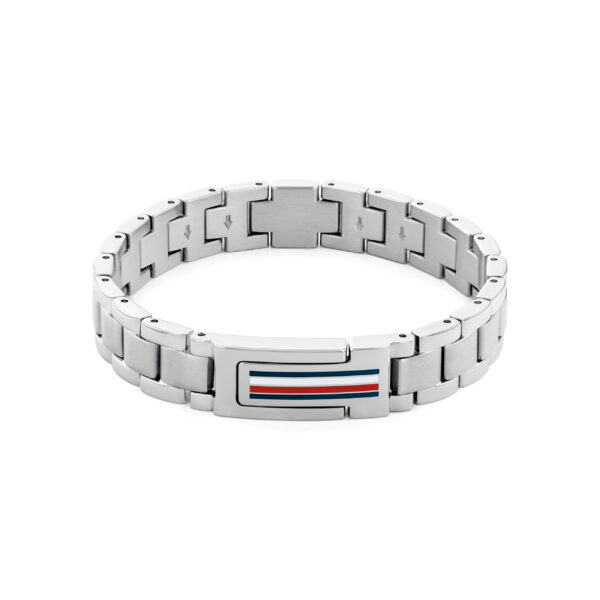Ein silberfarbenes Metallarmband mit einer rechteckigen Mittelplatte, die rote, weiße und blaue Querstreifen auf einem einfarbig weißen Hintergrund aufweist.