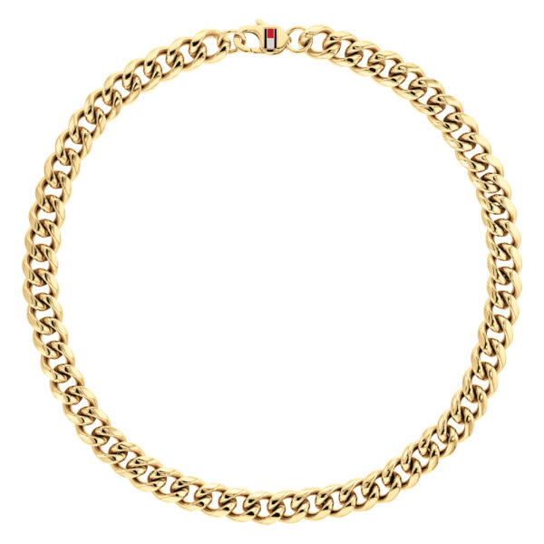 Eine Goldkette mit ineinander verschlungenen Gliedern im Panzerglied-Stil, die auf weißem Hintergrund kreisförmig angeordnet sind.