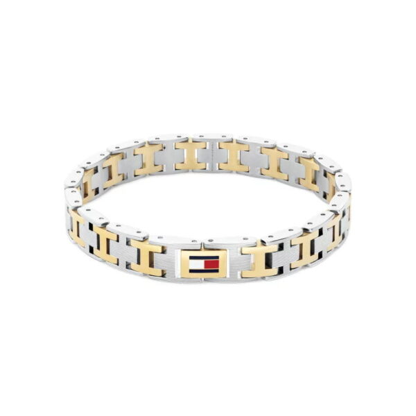 Wir präsentieren das H-Link-Armband: ein zweifarbiges Metallarmband mit silbernen und goldenen Gliedern, das durch einen rechteckigen Anhänger mit roten, weißen und blauen Streifen akzentuiert wird.