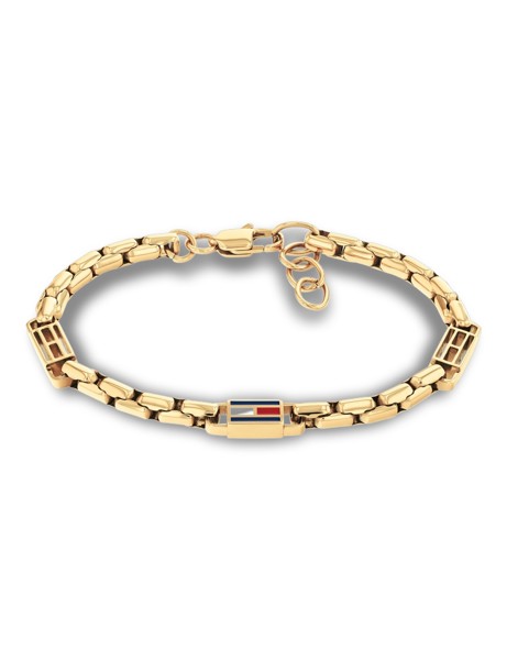 Wir stellen vor: das 3D-Flag-Metallarmband – ein Armband aus Goldkette mit einem rechteckigen Verschluss, der mit einem kleinen rot-weiß-blauen Streifenmuster verziert ist. Der verstellbare Karabinerverschluss verfügt über zusätzliche Glieder, sodass die Größe ganz einfach angepasst werden kann.