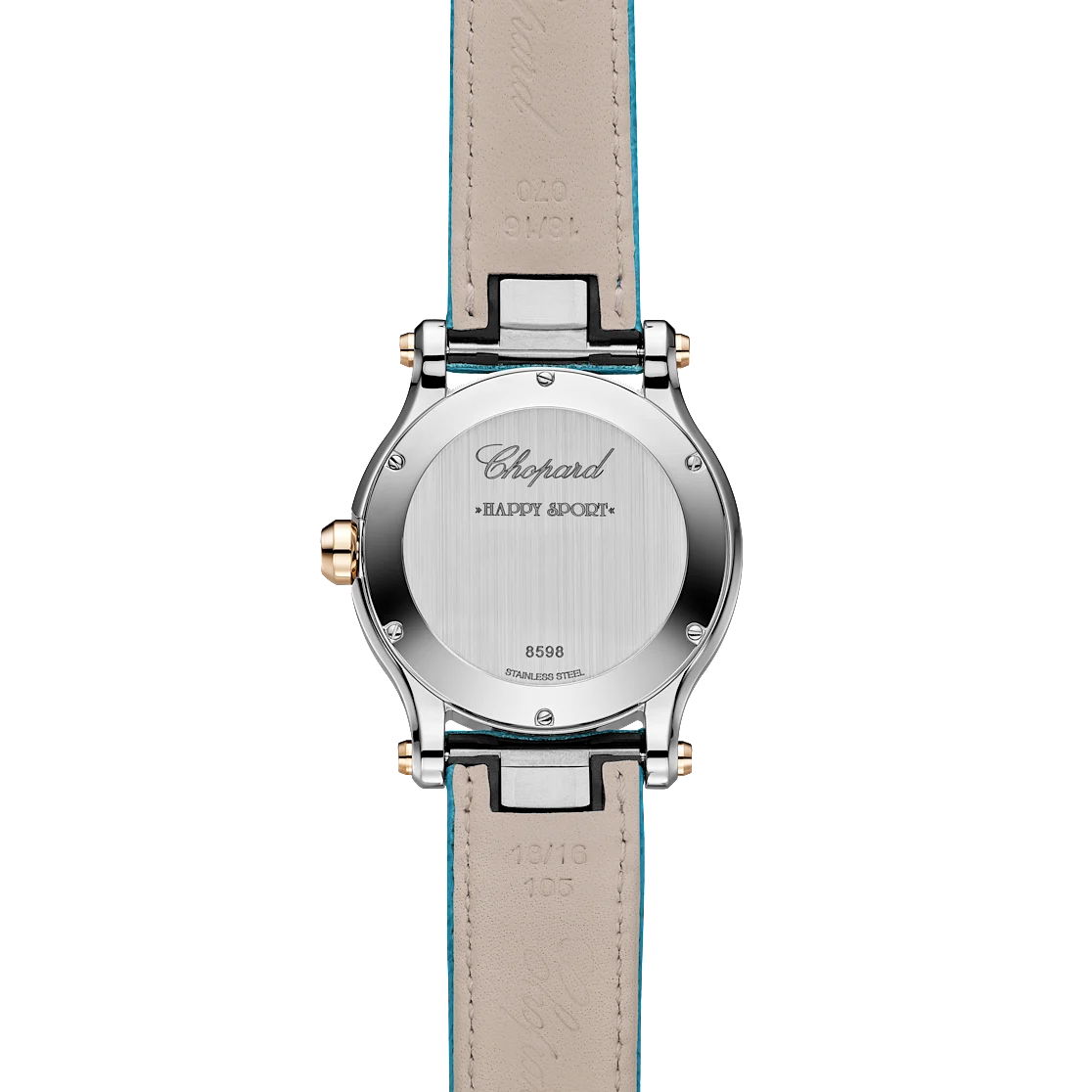 Rückansicht einer Chopard Happy Starfish-Uhr mit Edelstahlgehäuse, sichtbaren Schrauben und Lederarmband. Die Gravur enthält den Markennamen, das Modell und die Seriennummern.