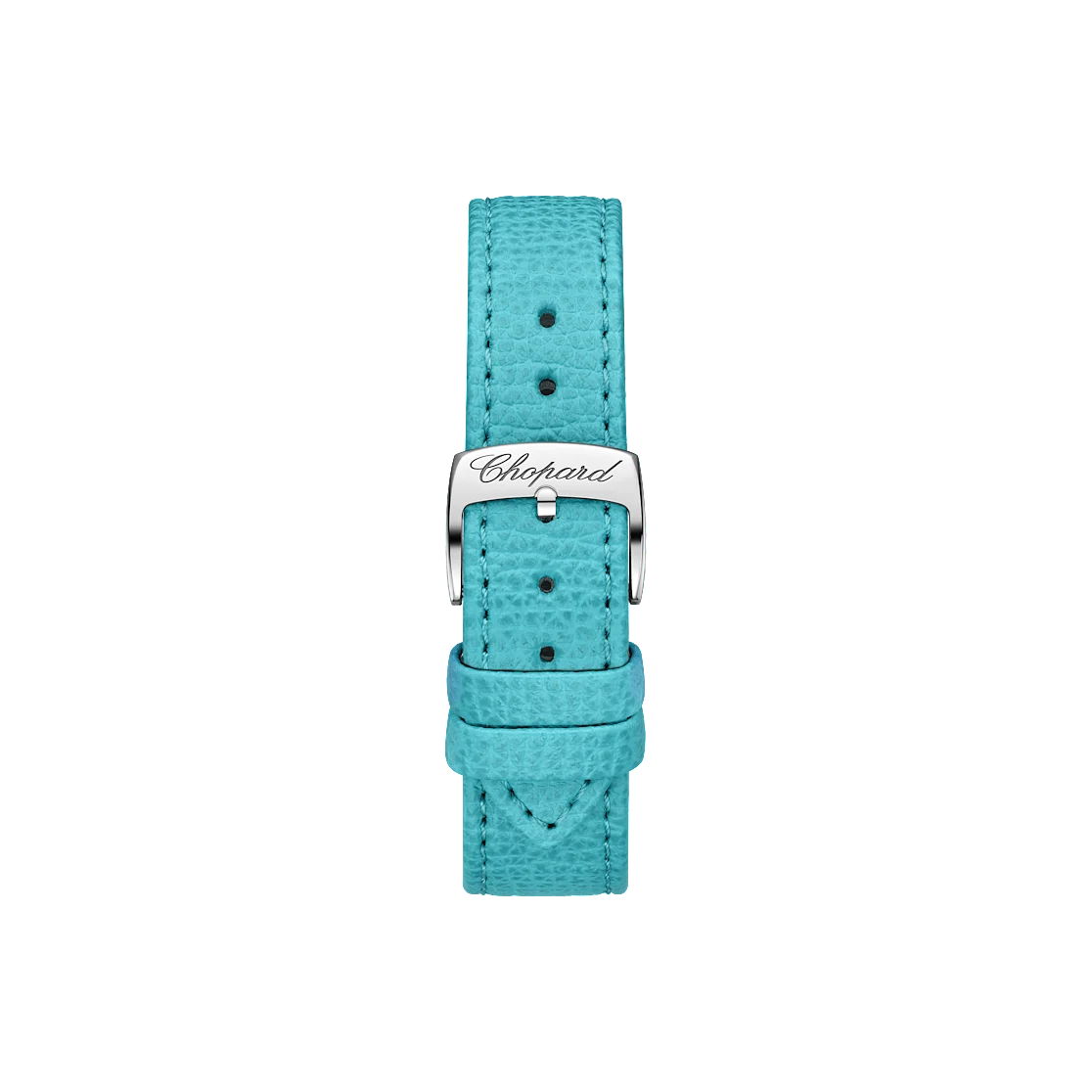 Ein türkisfarbenes, strukturiertes Lederarmband der Chopard Happy Starfish-Kollektion mit einer silbernen Schließe, auf der „Chopard“ eingraviert ist, vor weißem Hintergrund.