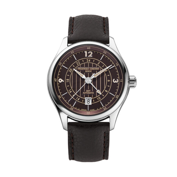 Die Frederique Constant Classics Runabout Automatic GMT ist eine Luxusuhr mit einem braunen Lederarmband, einem silbernen Gehäuse, einem braunen Zifferblatt mit konzentrischen Kreisen, einer 24-Stunden-Anzeige, silbernen Indexen und dem Markennamen auf dem Zifferblatt.