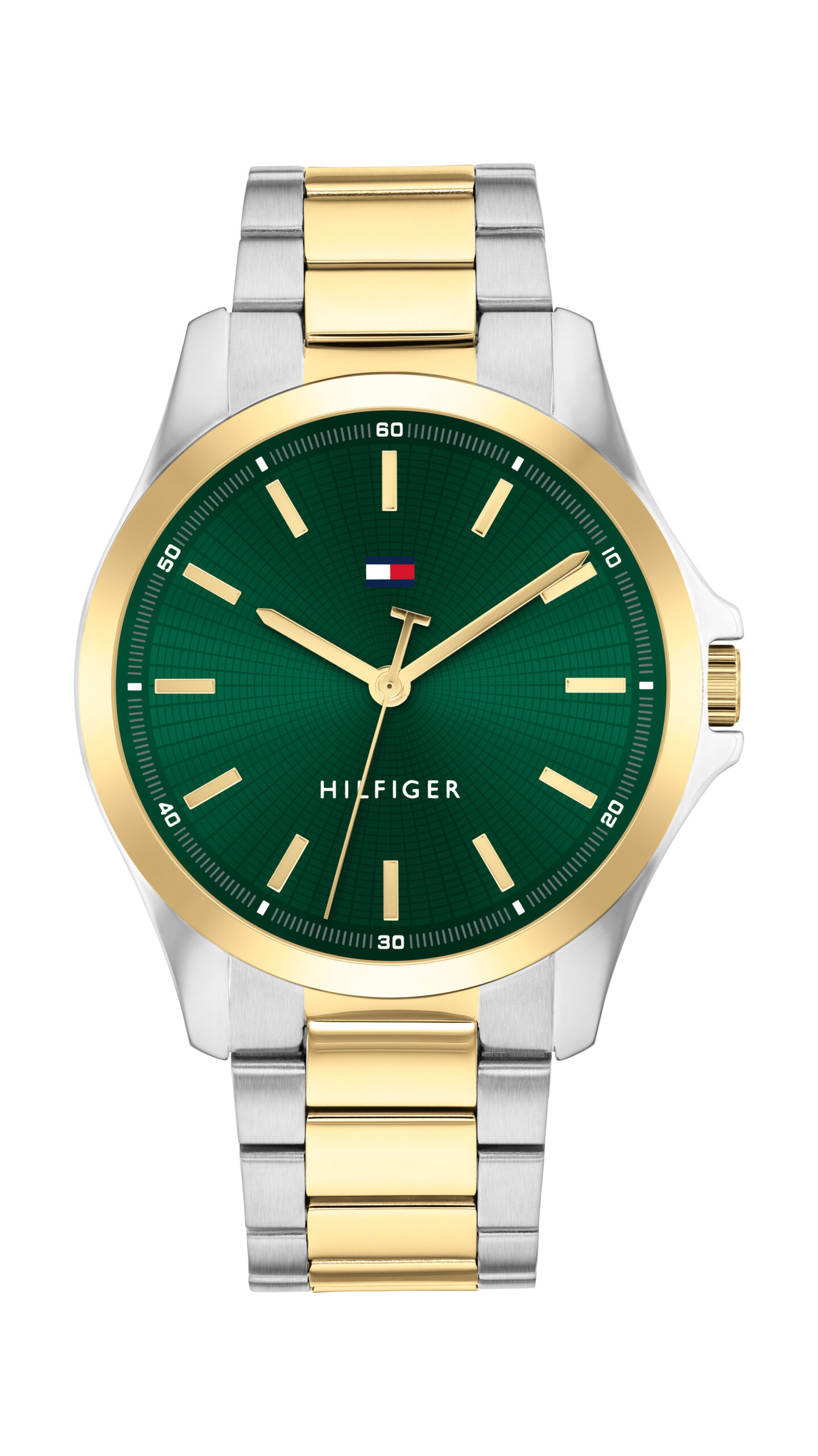 Die Tommy Hilfiger Bruce Armbanduhr verfügt über ein grünes Zifferblatt mit goldenen Indexen, ein gold-silbernes Metallarmband und eine goldene Lünette. Auf dem Zifferblatt sind das Hilfiger-Logo und der Name abgebildet.